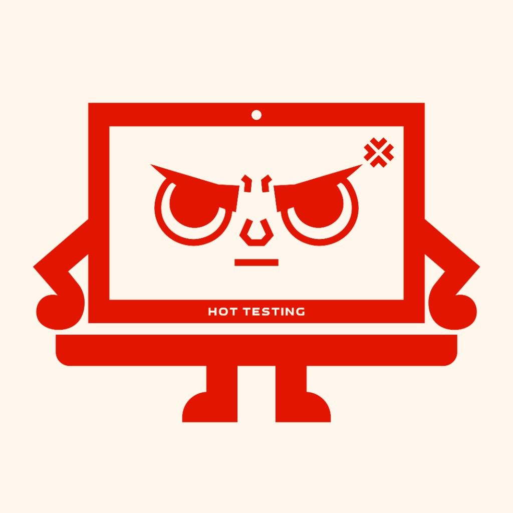 Hot Testing mascot — an angry red monitor